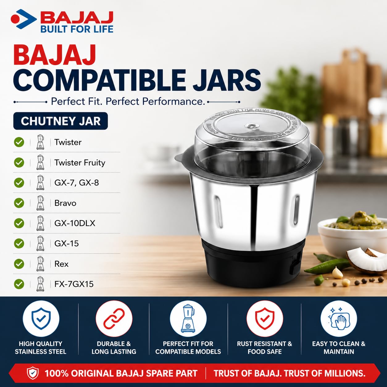 Bajaj Original 400ml Chutney Jar Assembly | Genuine Mixer Grinder Spare Jar | Compatible with Twister, Fruity, GX-7, GX-8, Bravo, GX-10DLX, GX-15, Rex, FX-7 & GX15 Models — Amazon image 6