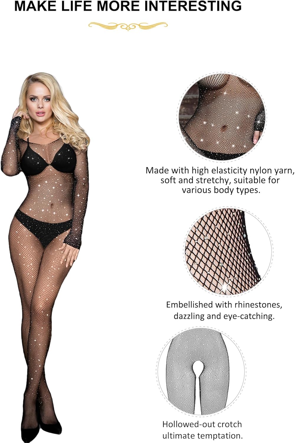 ohyeahlady Women Rhinestone Fishnet Bdoystocking Mesh Sparkle Long Sleeve One Piece Jumpsuit Plus Size Sexy Lingerie Soft - Image 4