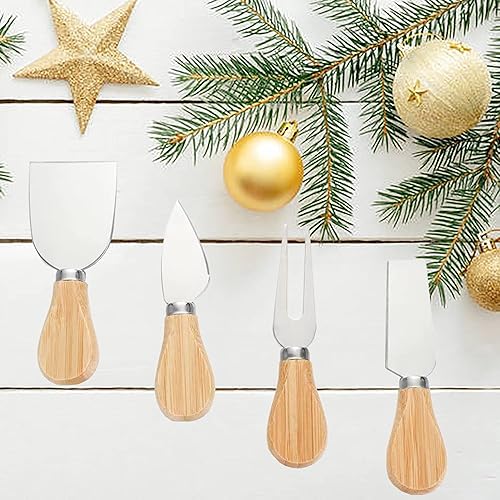 Miniatura 8 de Juego de 4 cuchillos de queso con mango de madera de bambú, juego de mini cuchillos de queso de acero inoxidable para tabla de charcutería, cuchillo