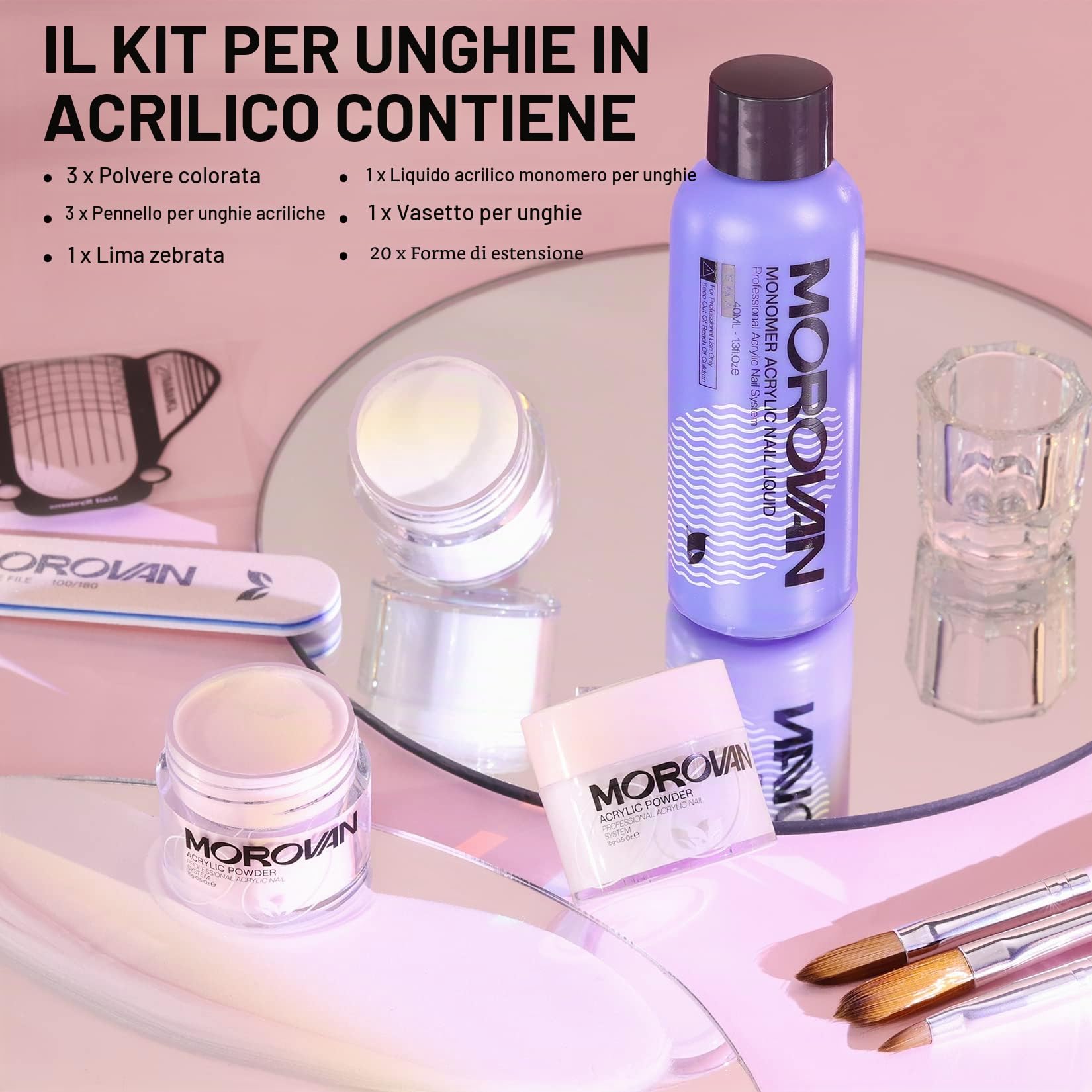 Morovan Polvere acrilica per unghie, 3 colori e 3 pennelli professionali, kit per principianti nail art