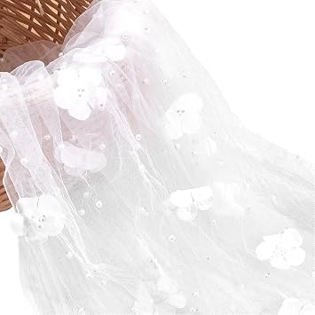 67 Inch White 3D Floral Embroidered Mesh Fabric by The Yard Pearls Sheer Tulle Nylon Flower Applique Embroidery Gauze Cloth for Sewing Making Wedding Bridal Decor Gifts Wrapping DIY Craft