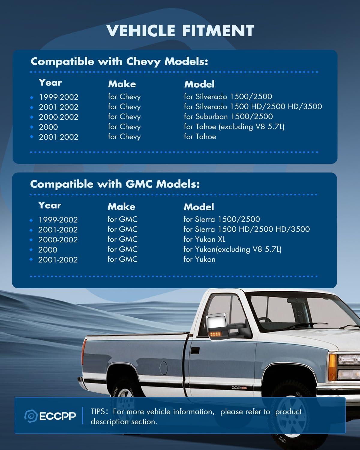 ECCPP Towing Mirrors For 1999-2002 For Chevy Silverado Sierra Power Heated Chrome Towing Mirrors Led Signal Light Pair Set