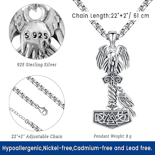 Miniatura 3 de Eusense Collar vikingo de plata de ley 925 para hombre, collar de lobo nórdico, joyería pagana, espada de Odín, runas vikingas, brújula, espada