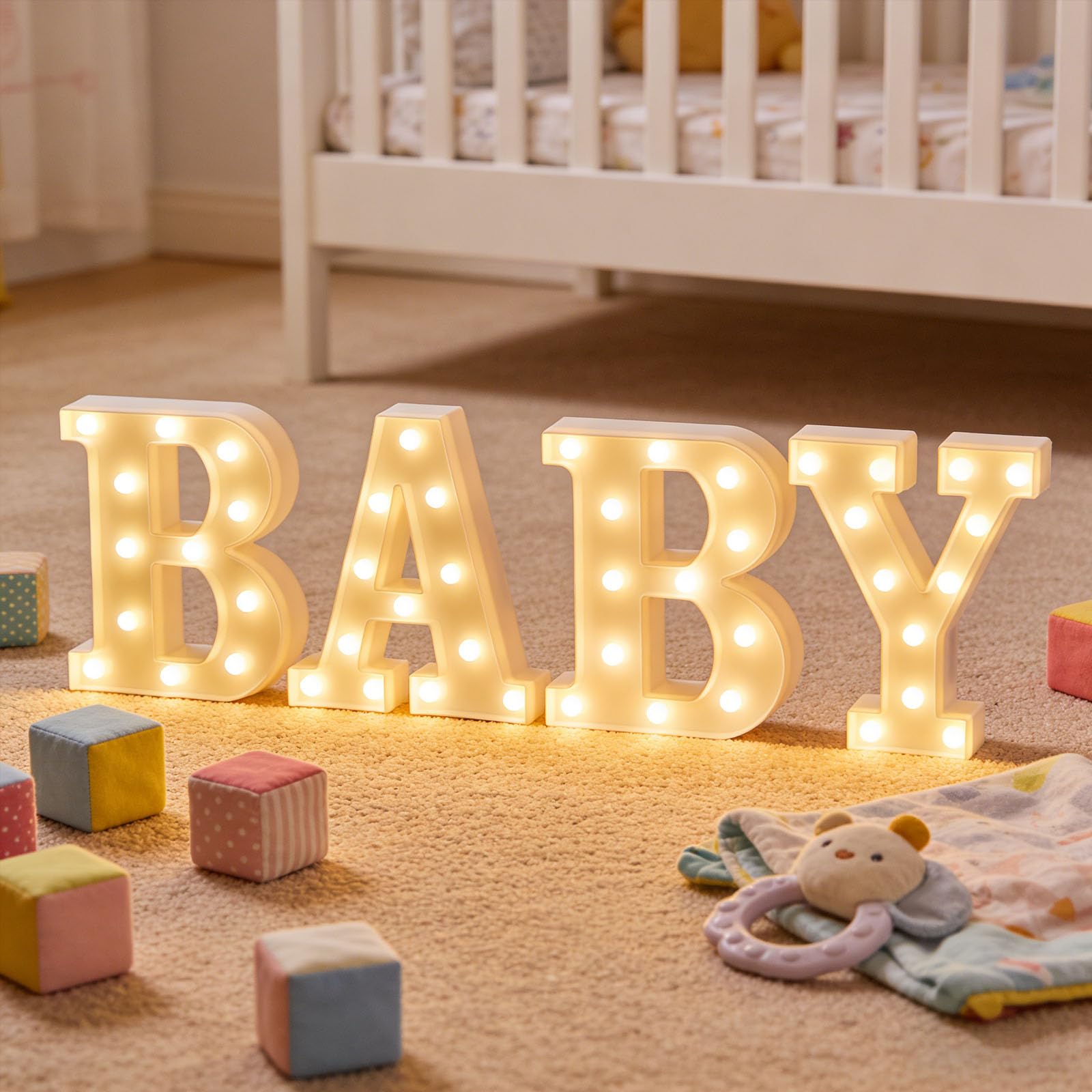 BABY Led Letter Lights, 26 Alphabet Battery Powered LED Light Up Name Sign, Decorative Lighted Standing Letters for Graduation Party Night Light Wedding Birthday Room Wall Decor (Warm White)