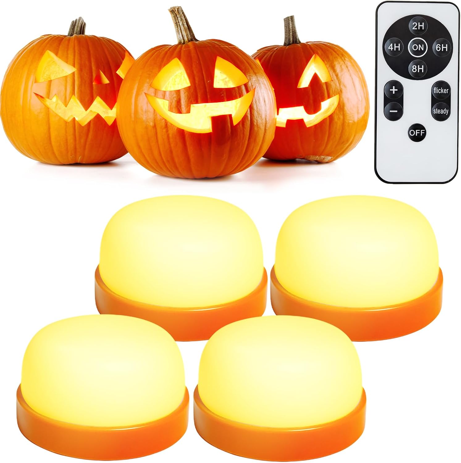Halloween Pumpkin Lights, LED Pumpkin Lights with Remote and Timer,Jack-O-Lantern Light for Halloween Decor,Battery Operated, Bright Flickering Flameless Candle Set 4 Pack