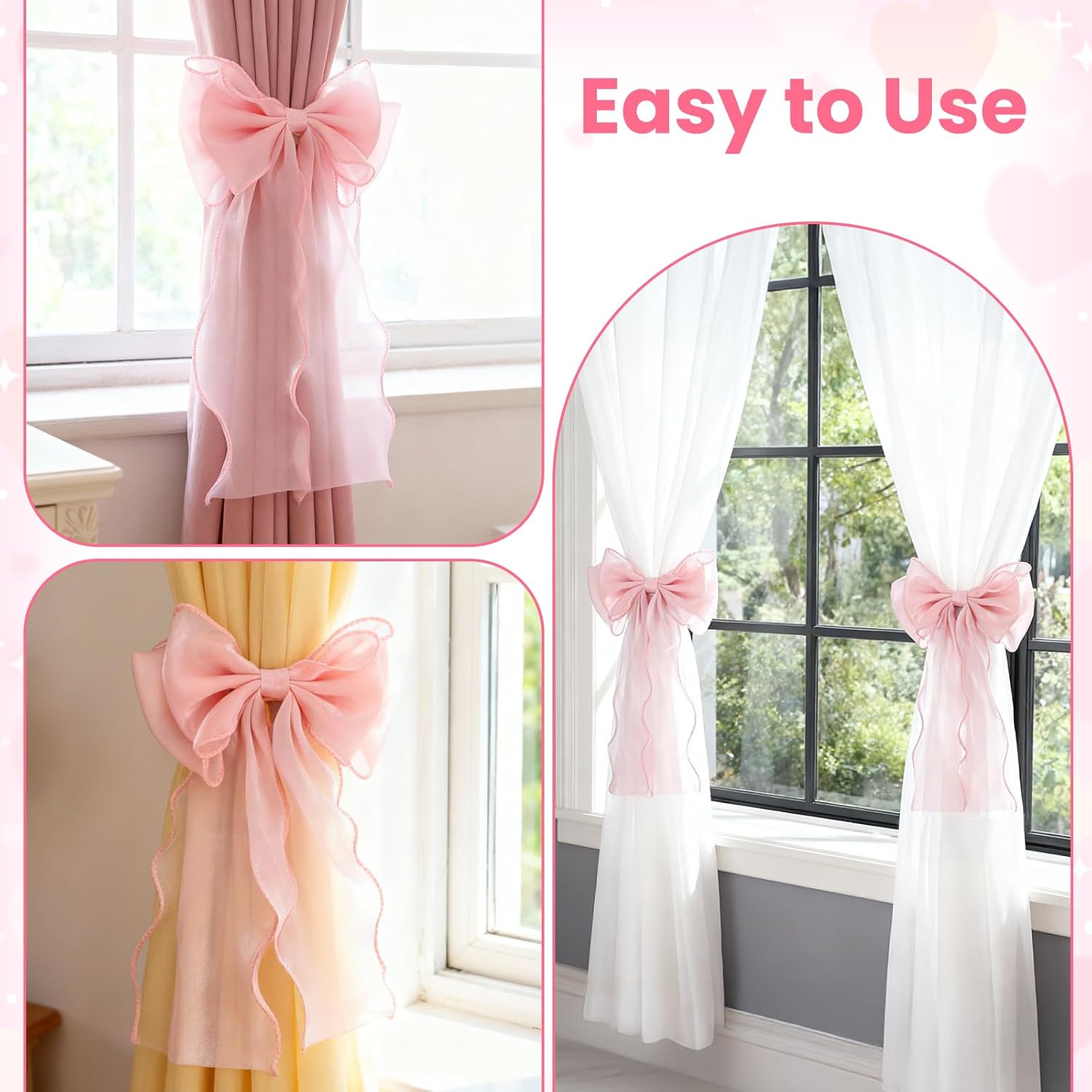 2 Pack Bow Curtains, Pink Bow Room Decor French Silk Holdbacks Bow-Curtain Tiebacks, Elegant Decorative Curtain Strap for Home Bedroom Offices Dining Rooms Wedding Party Décor (Pink)