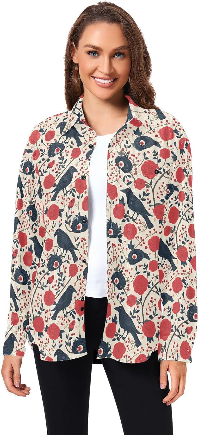 Red Roses with Eyeballs and Black Crows Mens Womens Cotton Rugby Shirts Formal Long Sleeve Business Work Tops