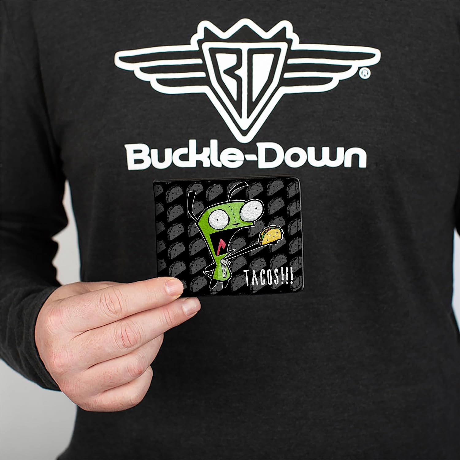 Buckle-Down Nickelodeon Wallet, Bifold, Invader Zim GIR Tacos Pose Taco Monogram Black Gray, Vegan Leather