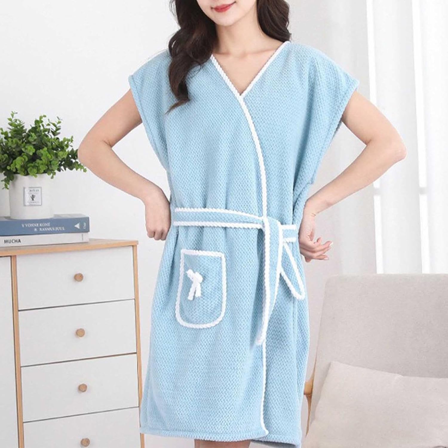 Women's Gown Short Sleeve Terry Home Cloth Bathrobe Belted Spa Hotel | Dressing Absorbent Quick-Dry Robes with Pockets