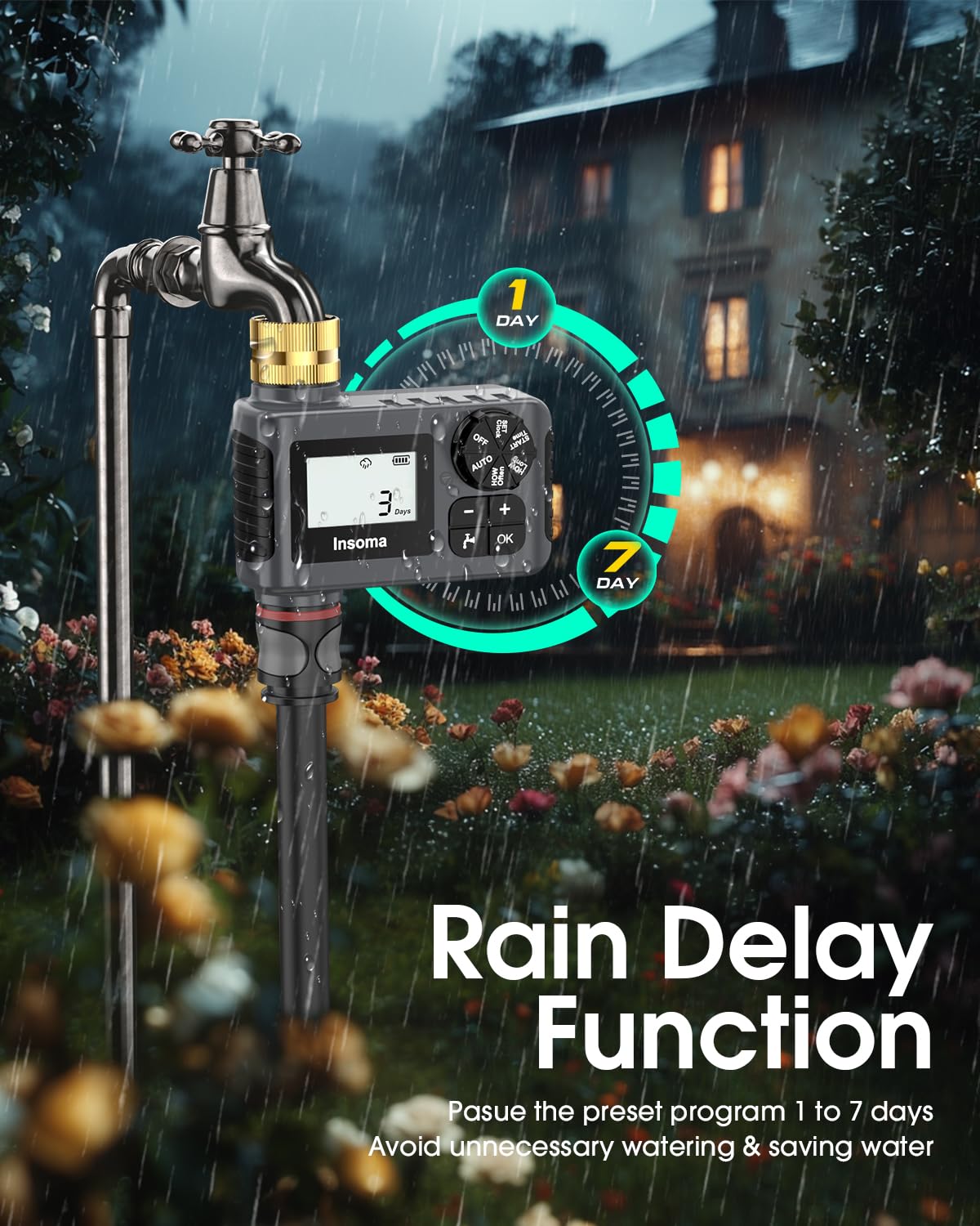 Temporizador de agua para manguera de jardín al aire libre, temporizador de manguera con retardo de lluvia/modo manual, sistema de controlador automático de riego por goteo para riego de césped, patio