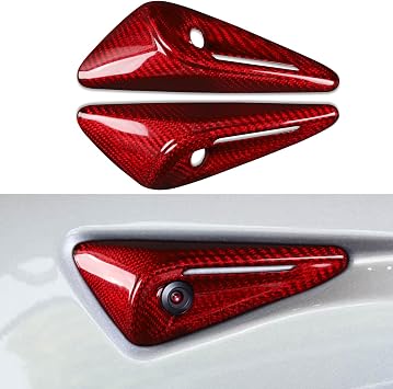NVCNX for 2025 2026 Tesla Model 3/Y Highland Juniper Accessories Hard Rigid Real Carbon Fiber Vehicle Molding Side Camera Protection Cover Car Exterior Trim 2PCs, Fit for HW4.0, Glossy, Red, not ABS