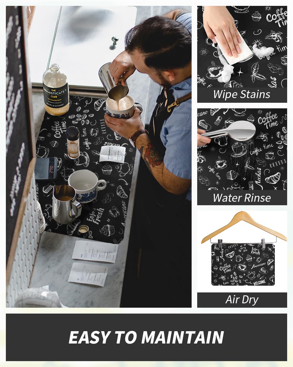 AMOAMI Tappetino da caffè con retro in gomma antimacchia, assorbente, per bancone della cucina, adatto sotto la macchina del caffè, beige, 43 x 80 cm