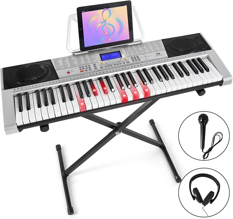 MUSTAR Teclado de piano de 61 teclas, teclado de piano eléctrico con teclas iluminadas | MEKS-400 con teclado plateado, soporte para piano, pantalla LCD grande, auriculares, micrófono, teclados de aprendizaje, piano para principiantes