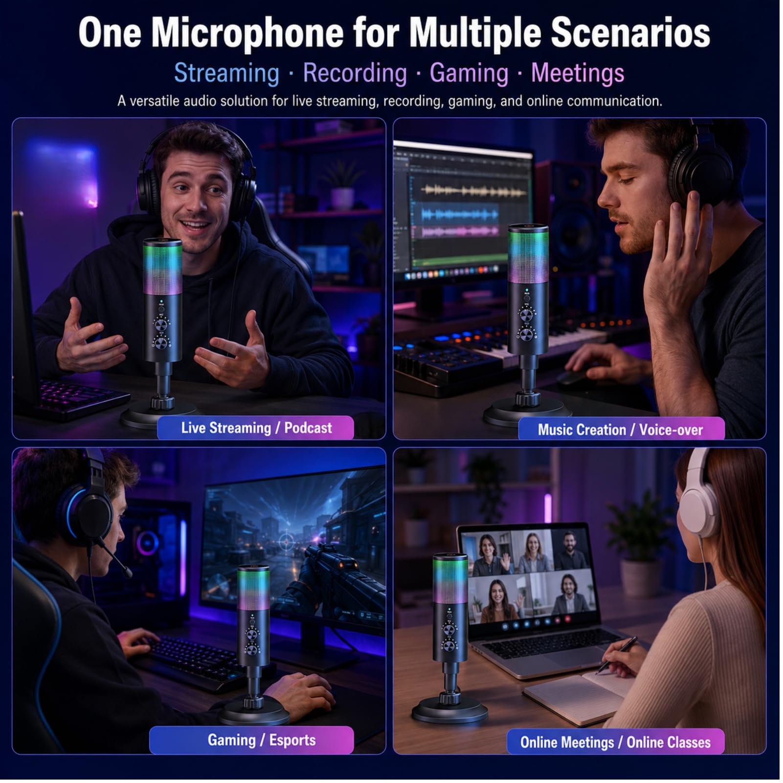 Microfono USB microfono cardioide con luce RGB per computer, telefono cellulare, registrazione in streaming live