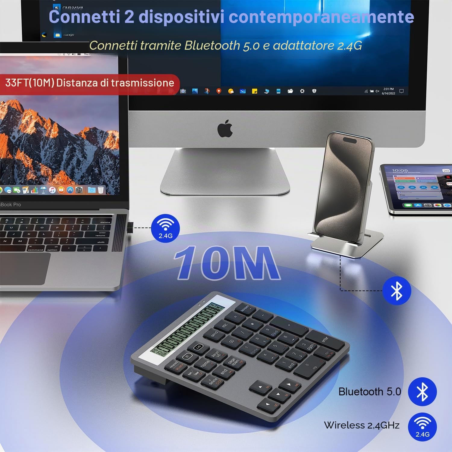 2 in 1 Tastierino Numerico Bluetooth e 2.4G, 34 Tasti Tastierino Numerico con Calcolatrice per PC/laptop/iPhone/iPad, Tastierino Numerico per Windows/Mac/iOS/Android