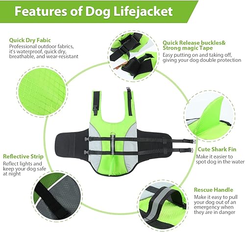 Miniatura 5 de ALAGIRLS Chaleco salvavidas mediano de tiburón para natación, barco, kayak, chaleco salvavidas ajustable para perros con asa de rescate, accesorios