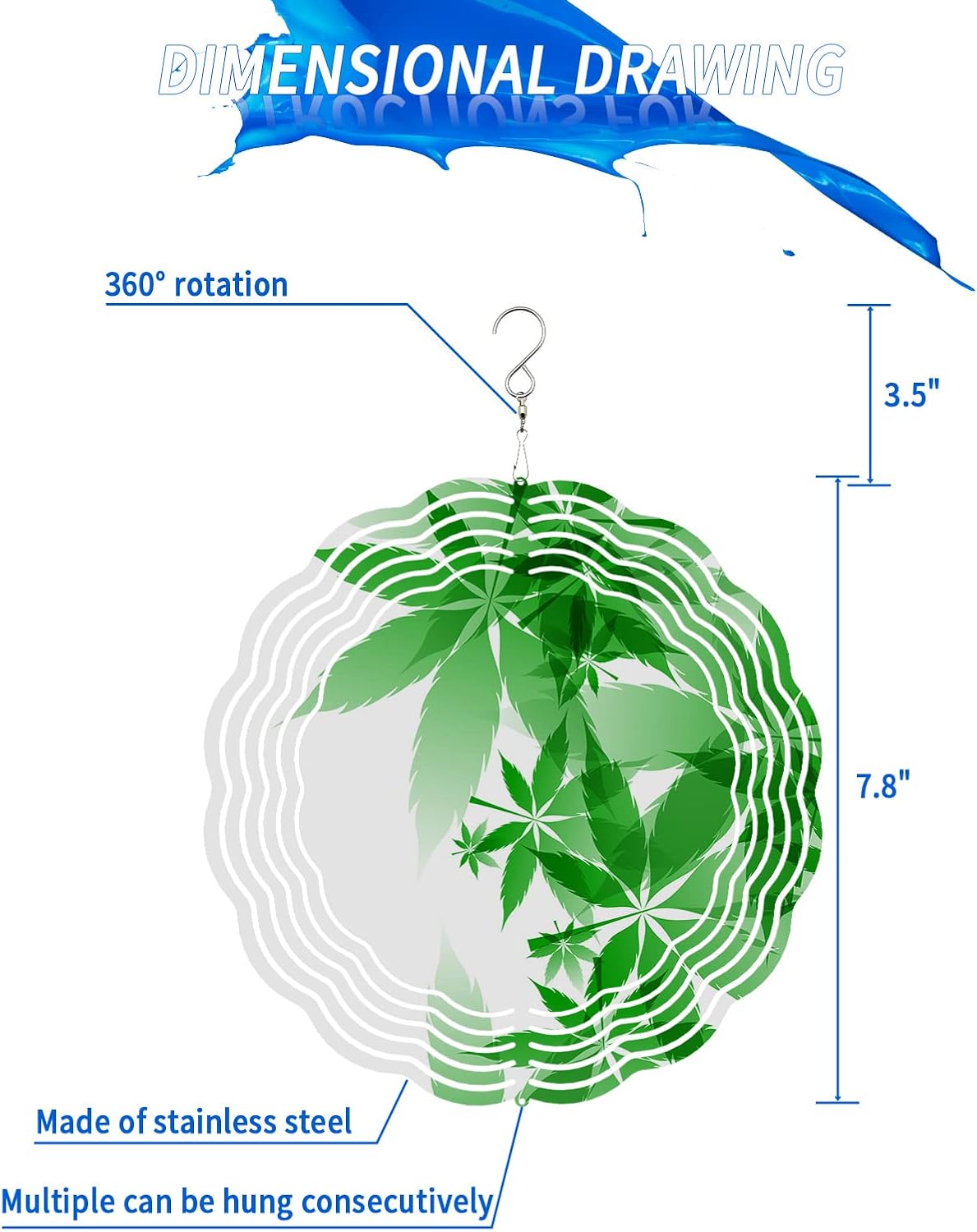 Green Marijuana Leaves Wind Spinners for Yard and Garden Decor, Plant Gradient Texture Wind Spinner Hanging Outdoor Metal Art Outside Decorations 3D Garden Wind Sculpture 8inch