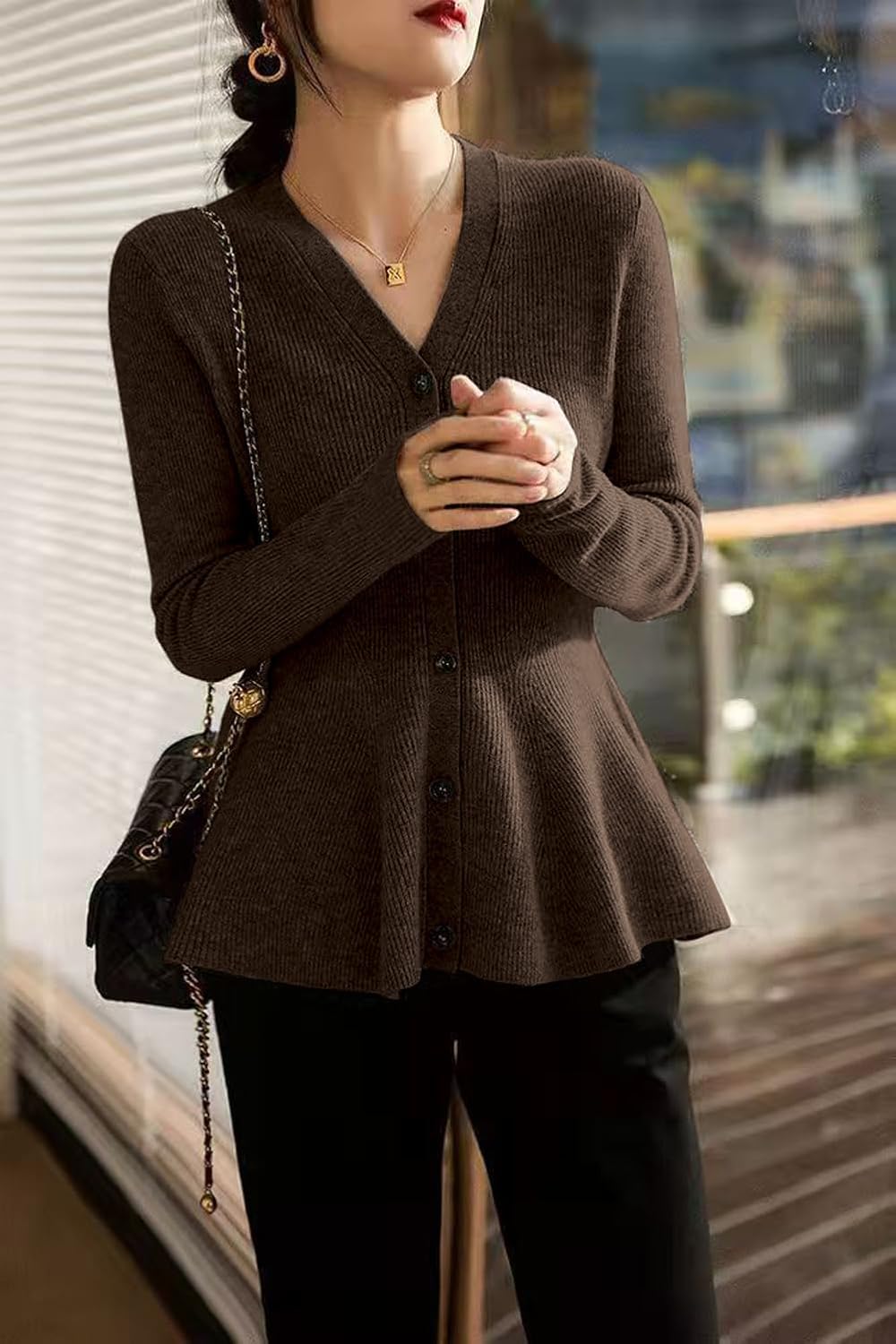 Chvity Elegant Ruffles Peplum Cardigan Sweater for Women Fahsion Slim Cozy Business V Neck Button Down Sweaters - Image 2