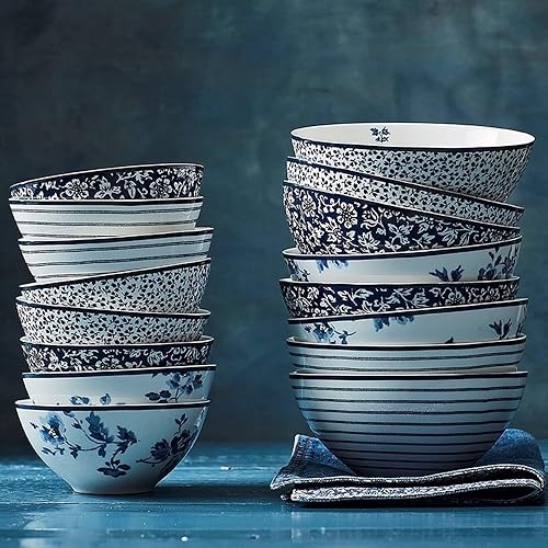 Miniatura 3 de Laura Ashley Cobblestone Pinstripe - Caja de regalo de 6 pulgadas, juego de 4, plato de sopa de porcelana y cereales, cuencos aptos para