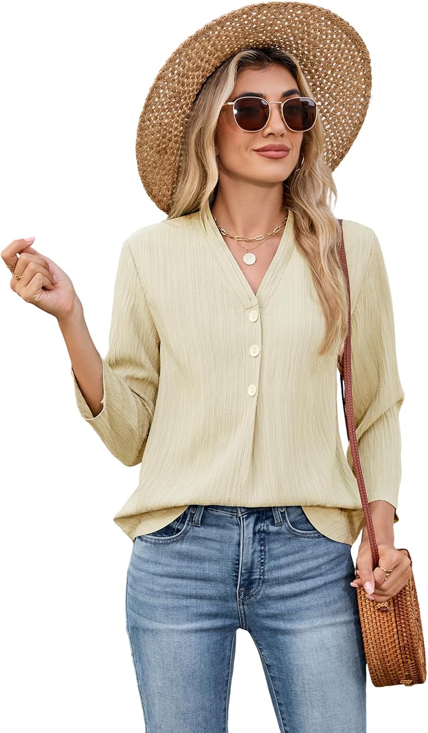 3/4 Length Sleeve Womens Tops 2025 Summer Trendy Shirts V Neck Button Textured Blouse Curved Hem - Image 2