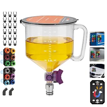 2.38QT/2.25L Engine Oil Funnel Kit,Spill Free Engine Oil Funnels for Automotive Use with Flow Control Valve,12 Adapters,Elbow Fitting,Magnetic Storage Tray,Compatible with GM,Ford,BMW,Audi,etc