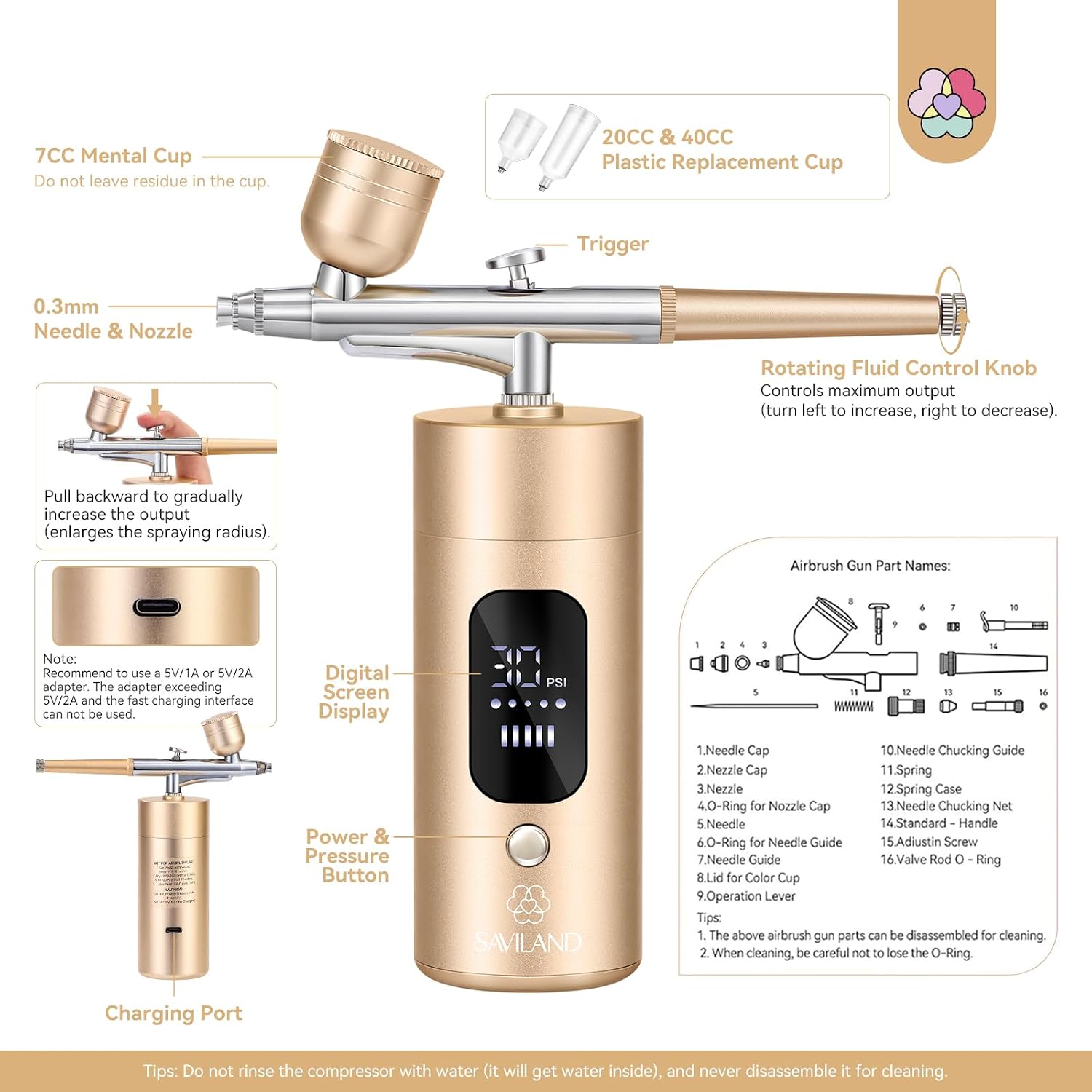 SAVILAND Airbrush for Nails 30PSI LCD Display Nail Airbrush Machine Gold