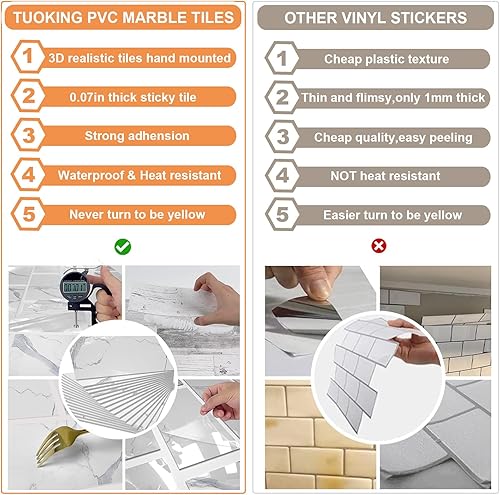 Miniatura 7 de TUOKING Azulejos de metro de mármol de 32 piezas para despegar y pegar, de 4 x 8 pulgadas, compuesto de piedra blanca, impermeable, azulejos de