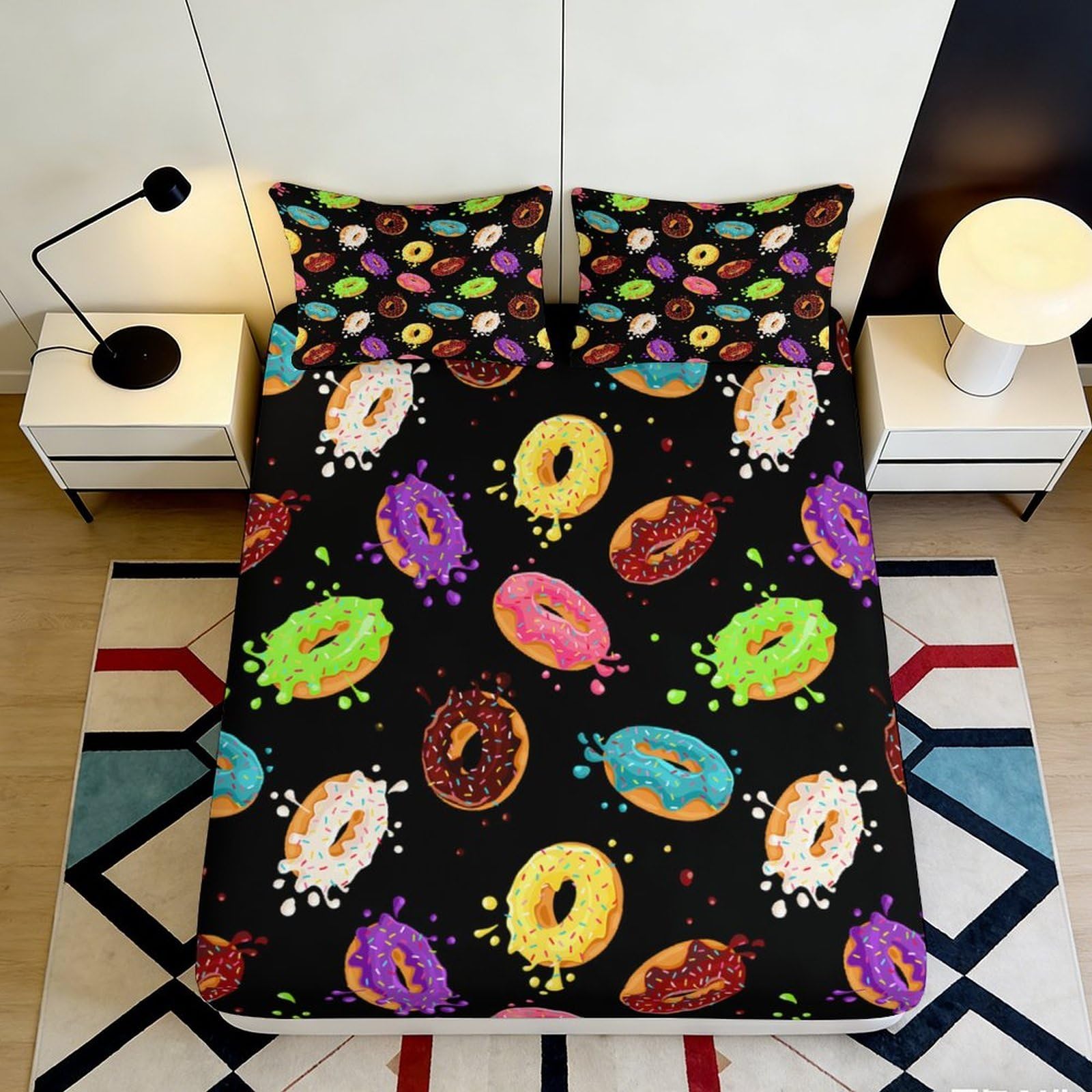 3D Printed Colorful Donut Fitted Sheet Microfiber Soft Black Cartoon Dessert Bed Cover for Bedroom Guest Room Decor 180x200x25cm