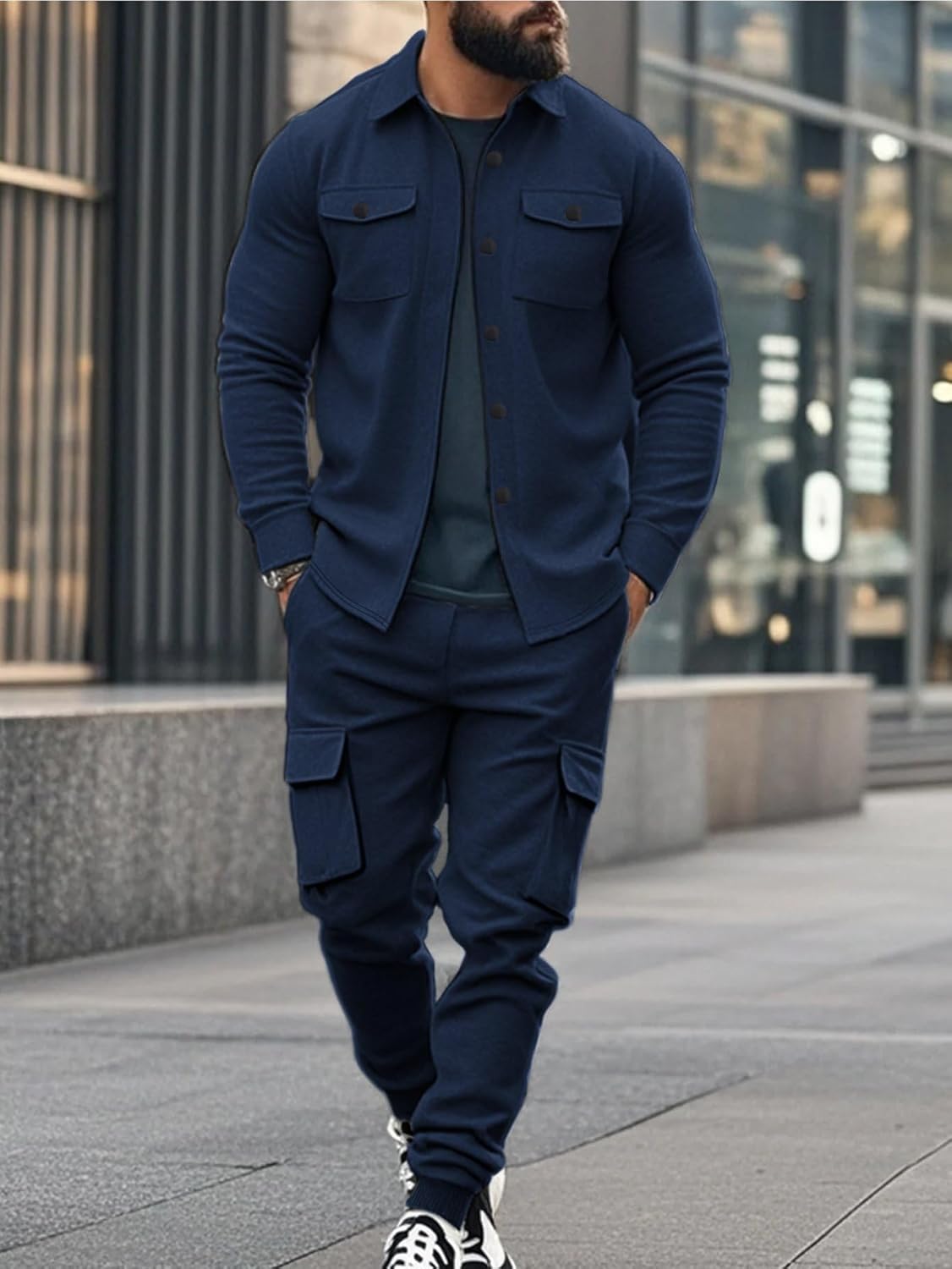 Men's Fleece Cargo Jacket Tracksuit Set 2 Pieces Solid Color Long Sleeve Button up Jacket and Cargo Pants Set - Image 5