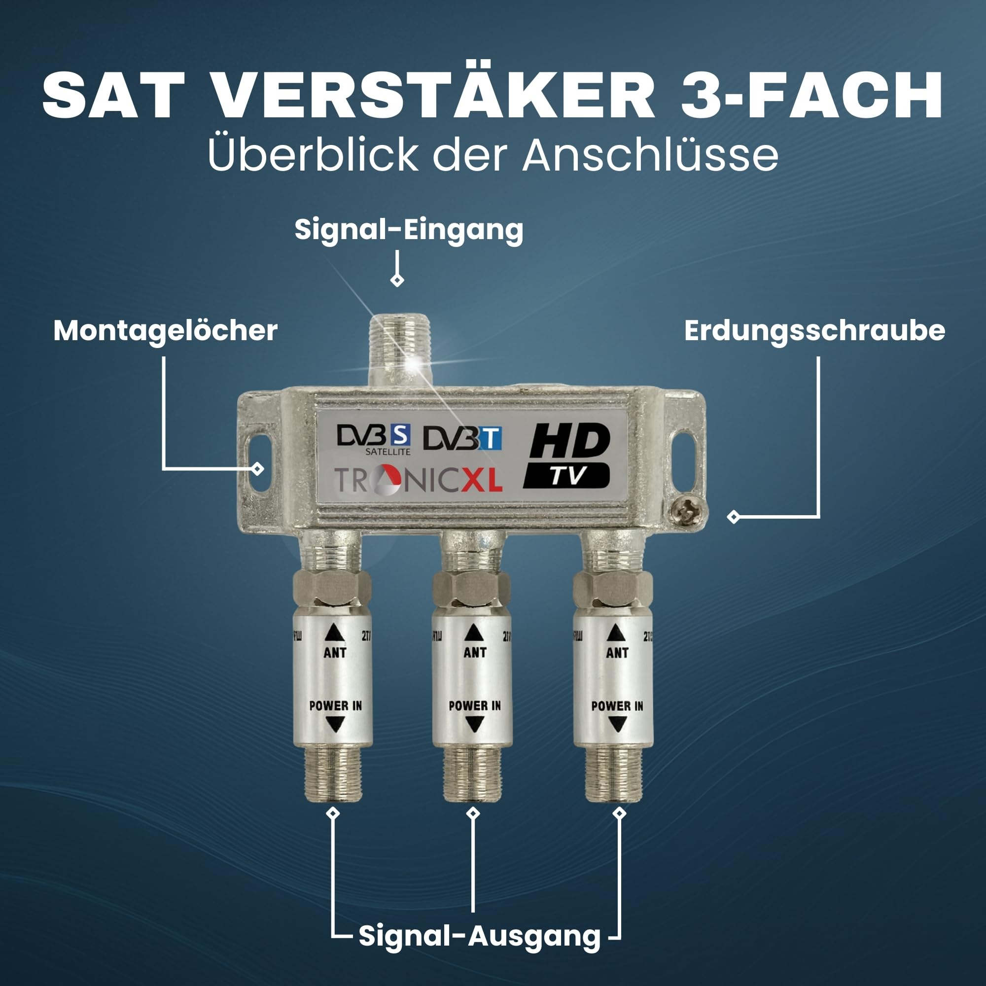 TronicXL 3-fach Sat Splitter 60dB Verstärker I Antennenverteiler Weiche DVB-S2 DVB-T2 Weiche mit Antennenverstärker für 3D 4K HDTV Signalverstärker für guten Empfang