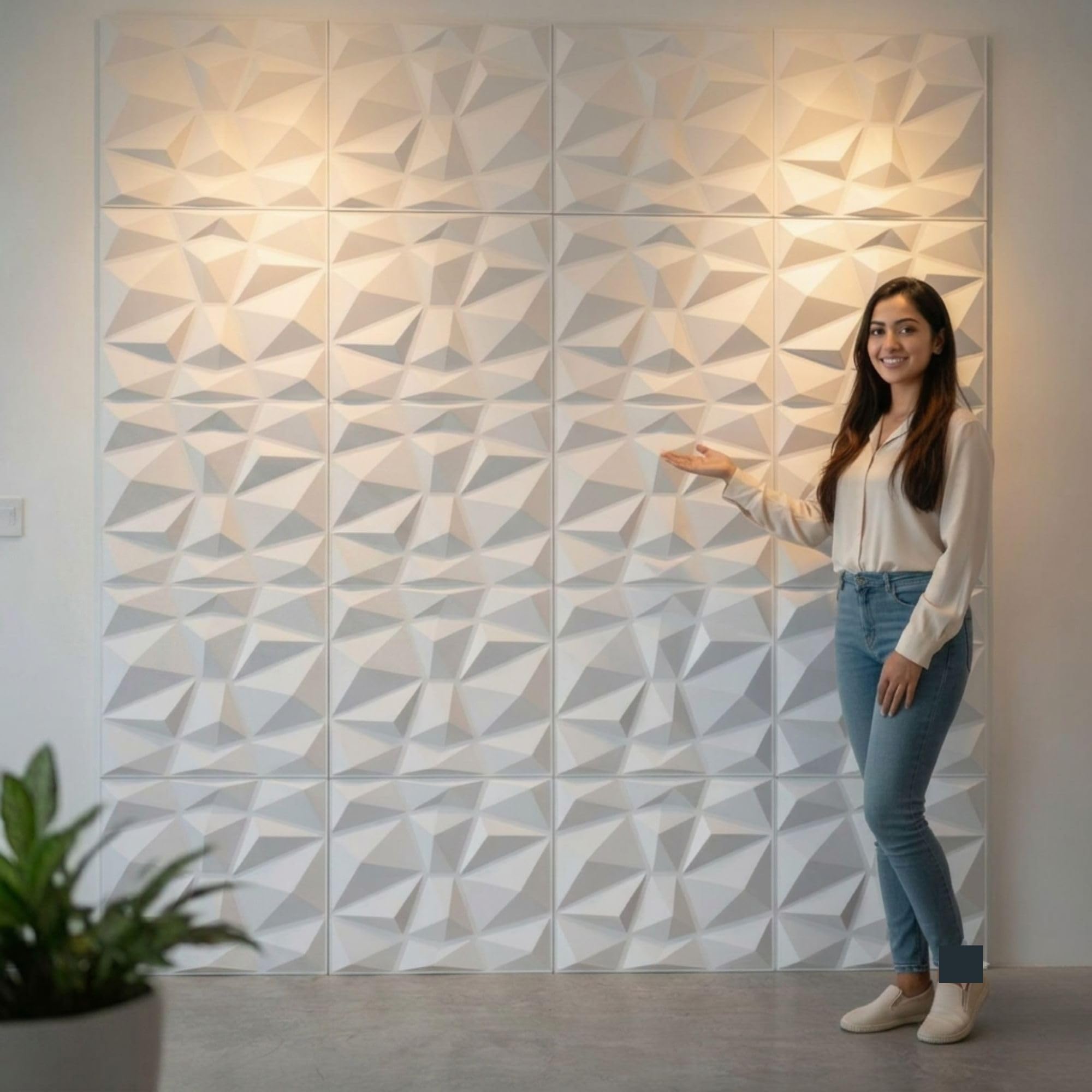 Kayra Decor 3D Wall Panel -PVC Diamond Design, White Color 19.7" X 19.7" (Pack of 40) Covers 107.6 Sq Ft.