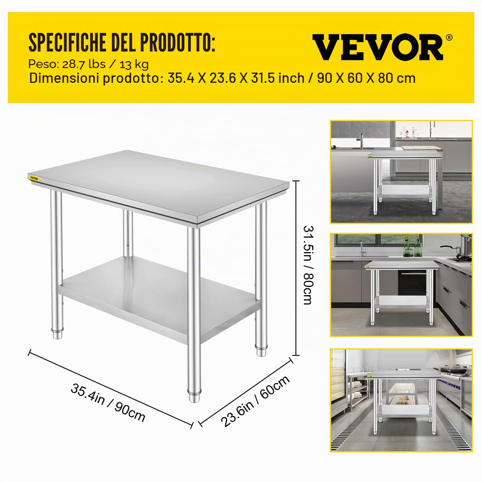 VEVOR Piano di Lavoro per Cucina Professionale 90 x 60 cm, Tavolo da Lavoro da Cucina in Acciaio Inox, Tavolo da Lavoro per Cucina Professionale con Baclsplash