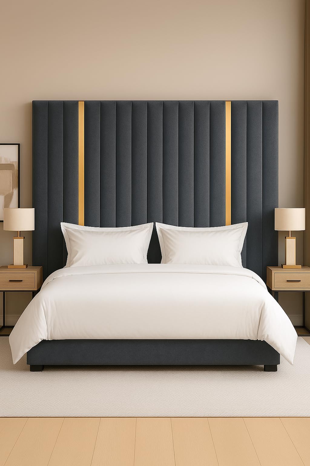 Spring Well Extra Tall Wall Mounted Upholstered Headboard,Clarance Plush Velvet Panelled Design with Gold Trim, Single, Double, King & Super King Sizes (Steel, 5ft King-127cmTall)