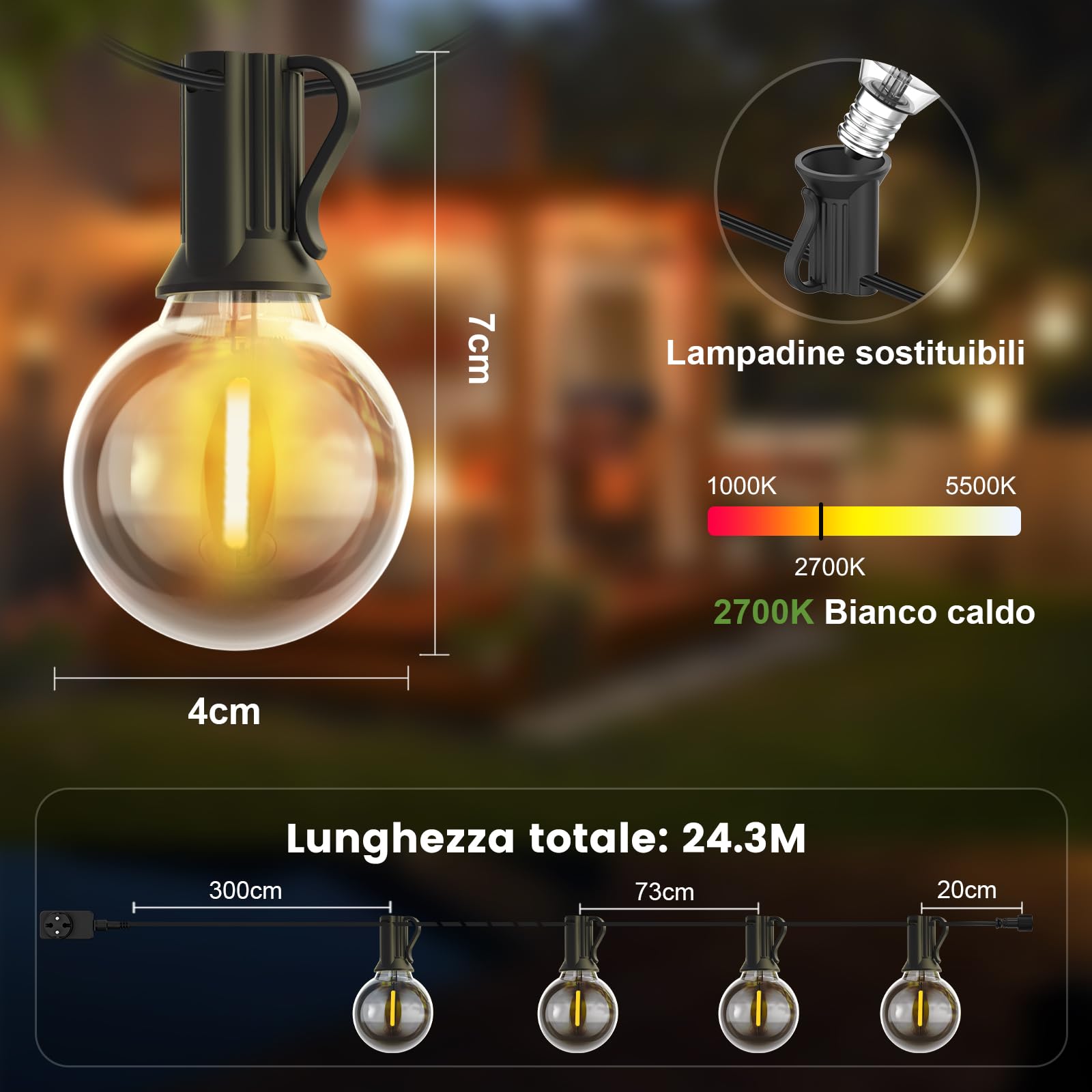 Yuusei Catena Luminosa Esterno, 24.4M Luci da Esterno Giardino, Telecomando | IP45 Impermeabili, 30+1 G40 Lampadine LED Globo Infrangibili per Gazebo, Balcone, Pergolato, Patii, Matrimoni e Feste