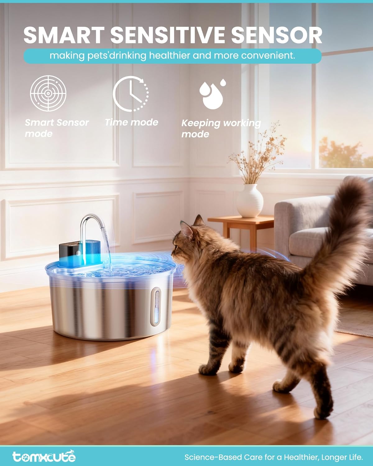 Wireless Cat Water Fountain - 108oz/3.2L Automatic Cat Water Fountain Cordless, Stainless Steel Battery Operated Pet Fountain Rechargeable Water Dispenser for Cats, Puppys, Multiple Pets