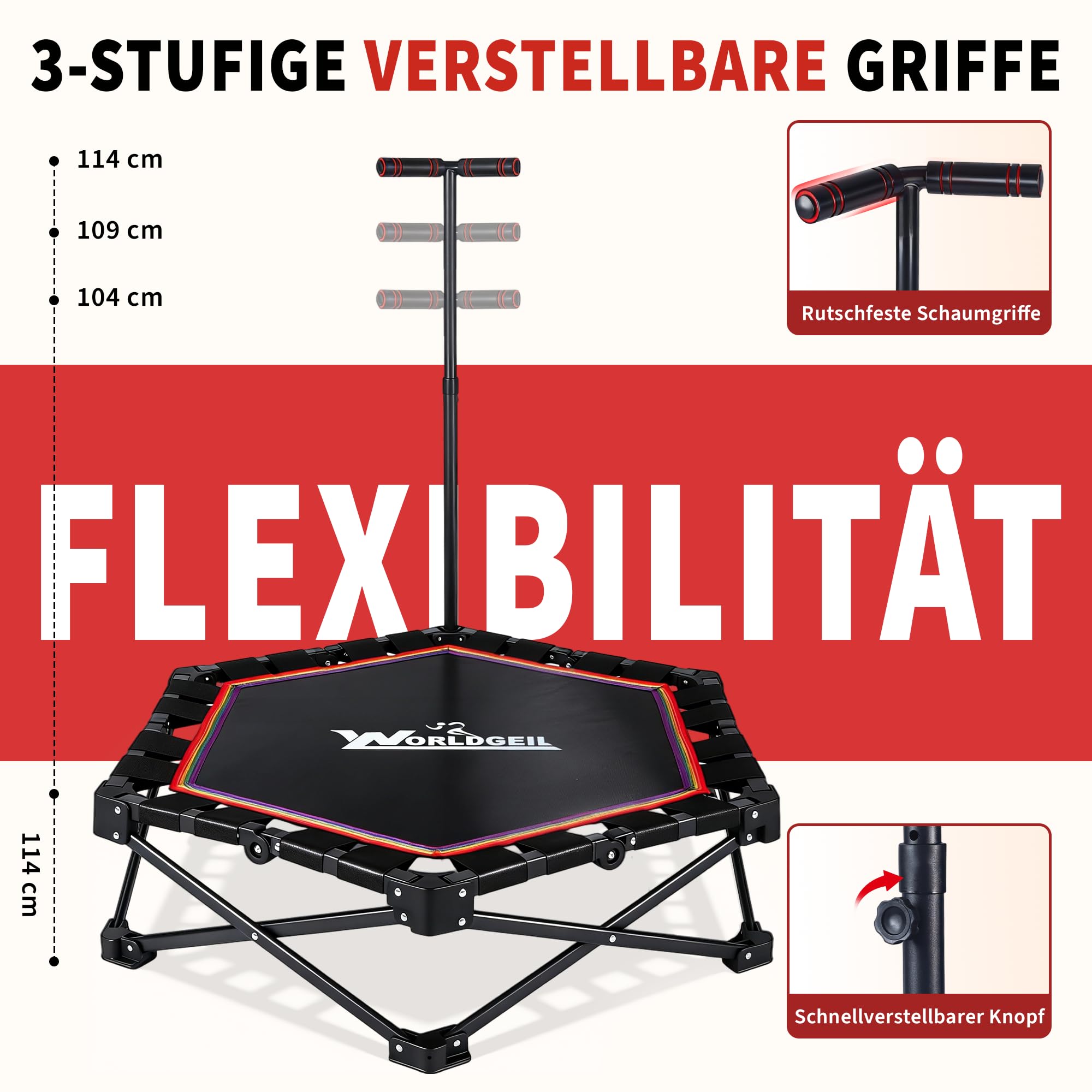 Trampolin Indoor Klappbar - Mini Trampolin mit Höhenverstellbarer Handgriff - Tragkraft 150 kg - Ø 86.5 cm - Jumping Trampolin Fitness für Erwachsene & Kinder - Sport Geräte für Zuhause