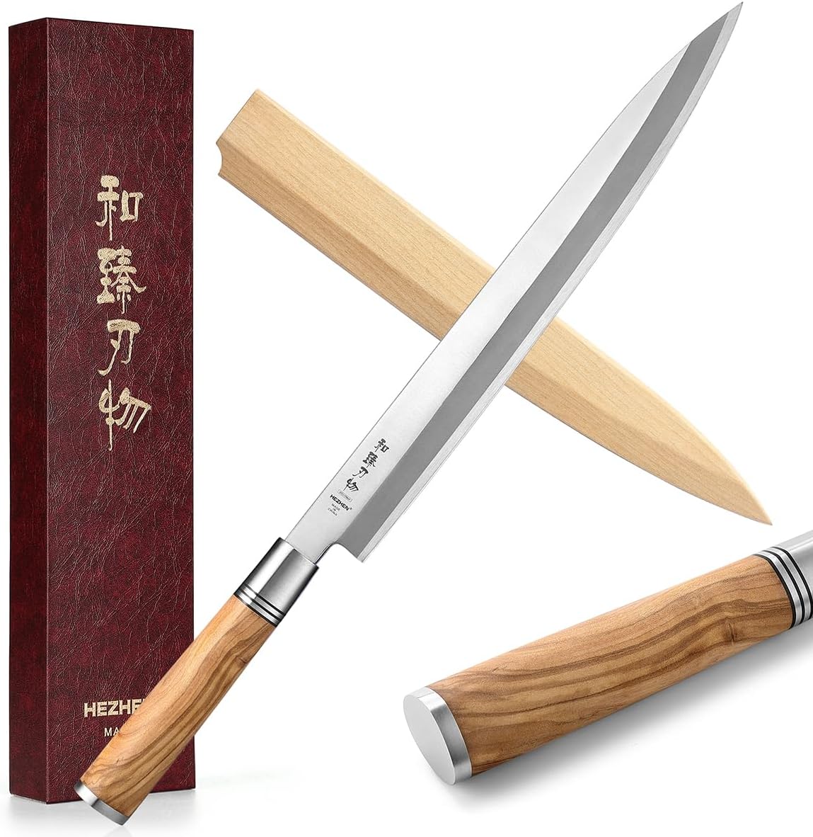HEZHEN 300mm Sashimi Knife,Forged Steel Sushi Yanagiba Knife, Sushi Slicing, Wooden Handle Knife Case