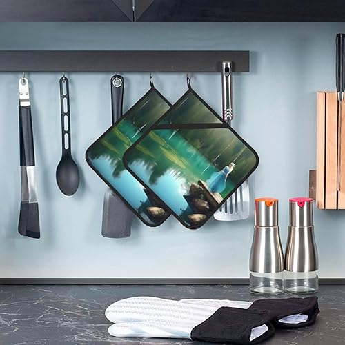 Miniatura 7 de Juego de almohadillas calientes de 8 x 8 pulgadas con estampado de hadas de lago, antideslizante, resistente al calor, para hornear y cocinar