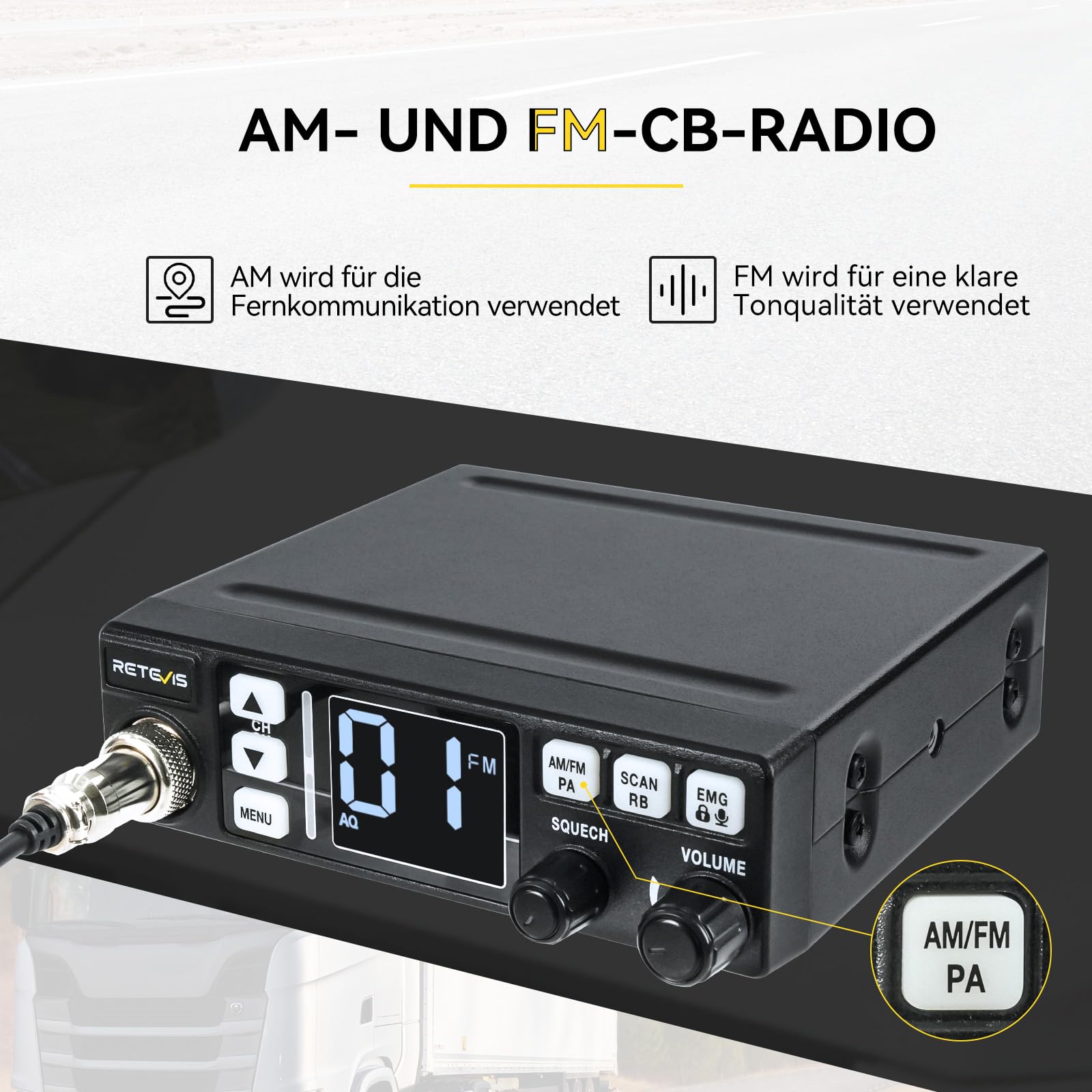 Retevis MB63 CB Funkgerät mit Antenne, CB Funk mit AM/FM 40 Kanäle