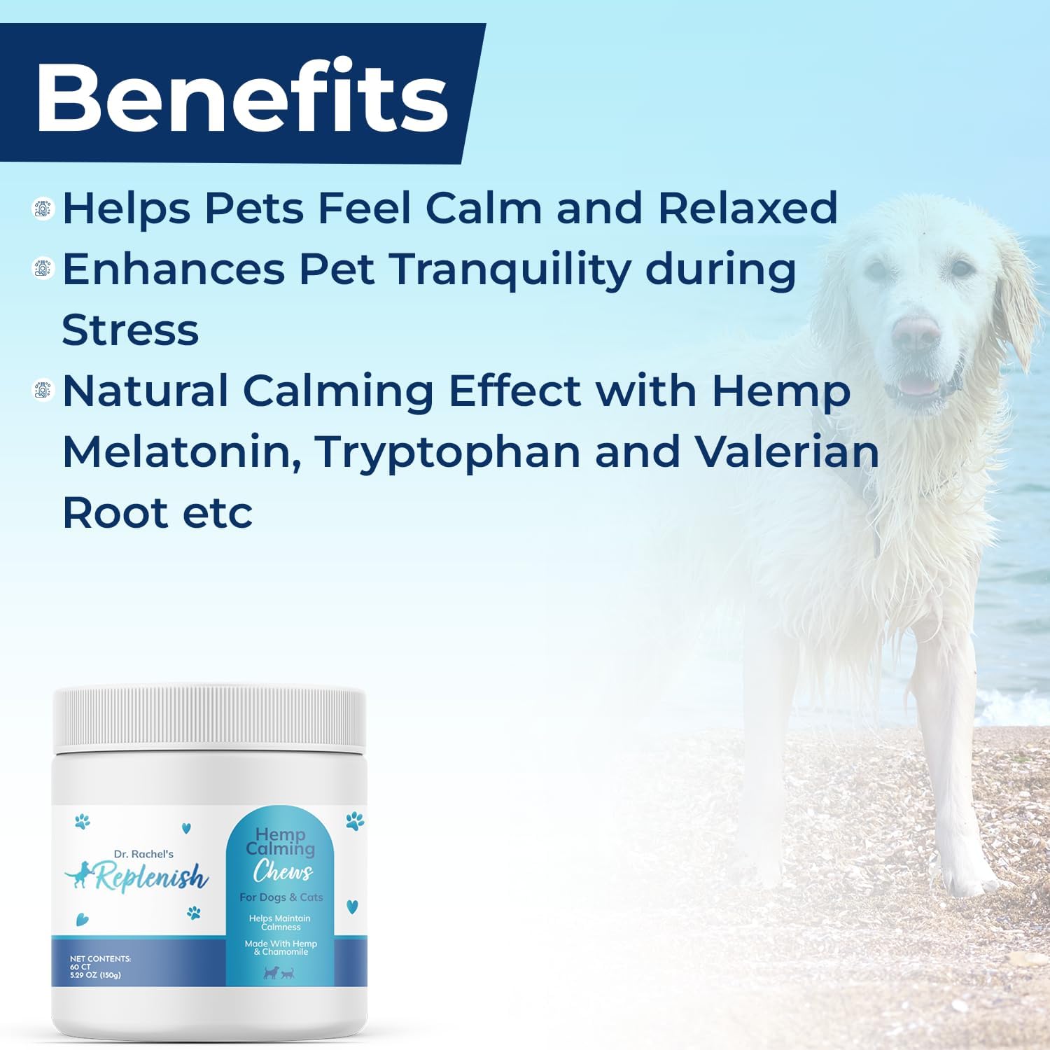Replenish Hemp Calming Chews for Dogs - Pet Calming Chews – Can Help Relieve Stress from Separation, Storms, Fireworks & Travel – Calming Treats for Cats Stress Support – 60 Count