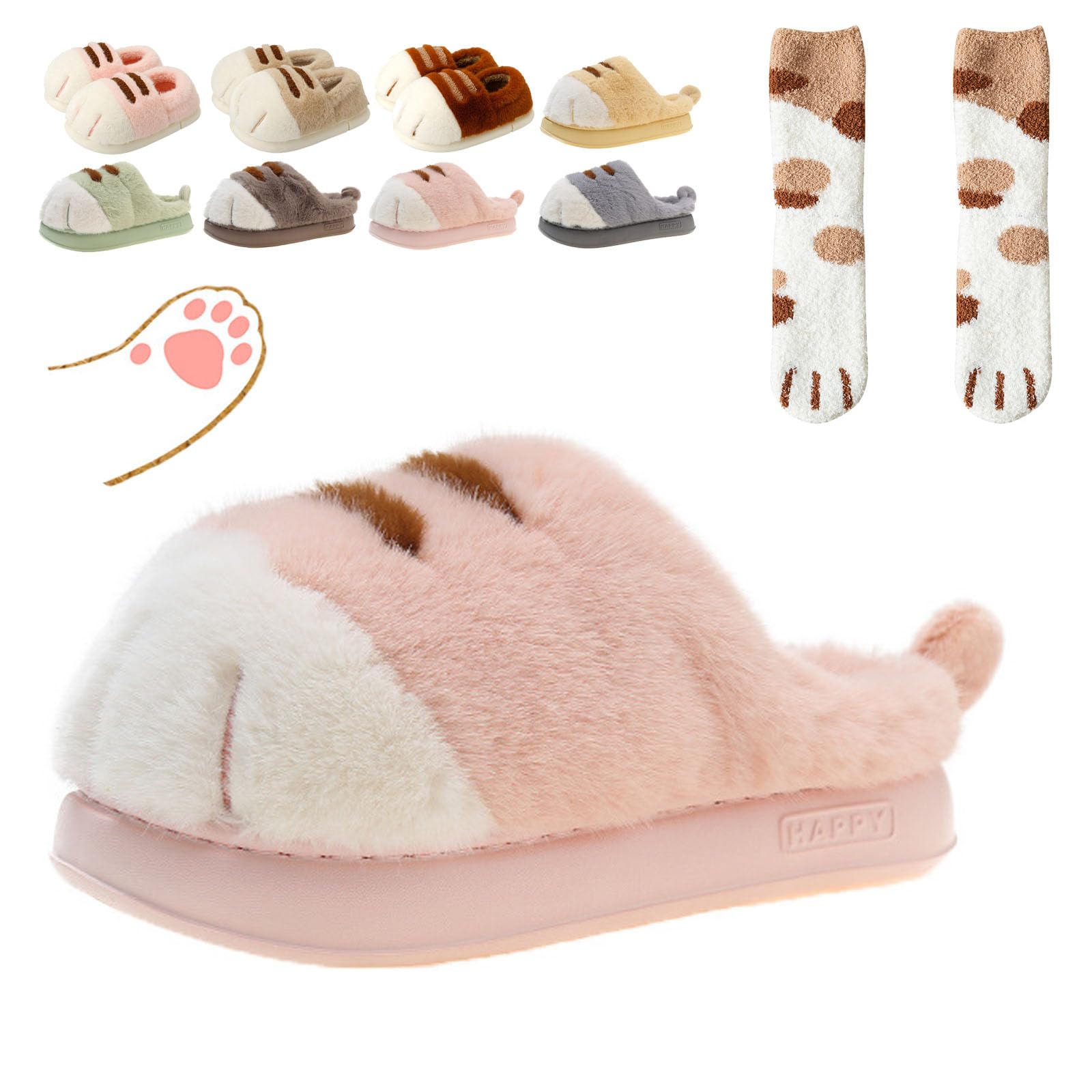 VFUX Cute Cat Paw Slippers for Women, 3D Fluffy Cat Paw Slipper, Cozy Furry Warm Winter Kitty Paw Shoes for House Indoor Outdoor