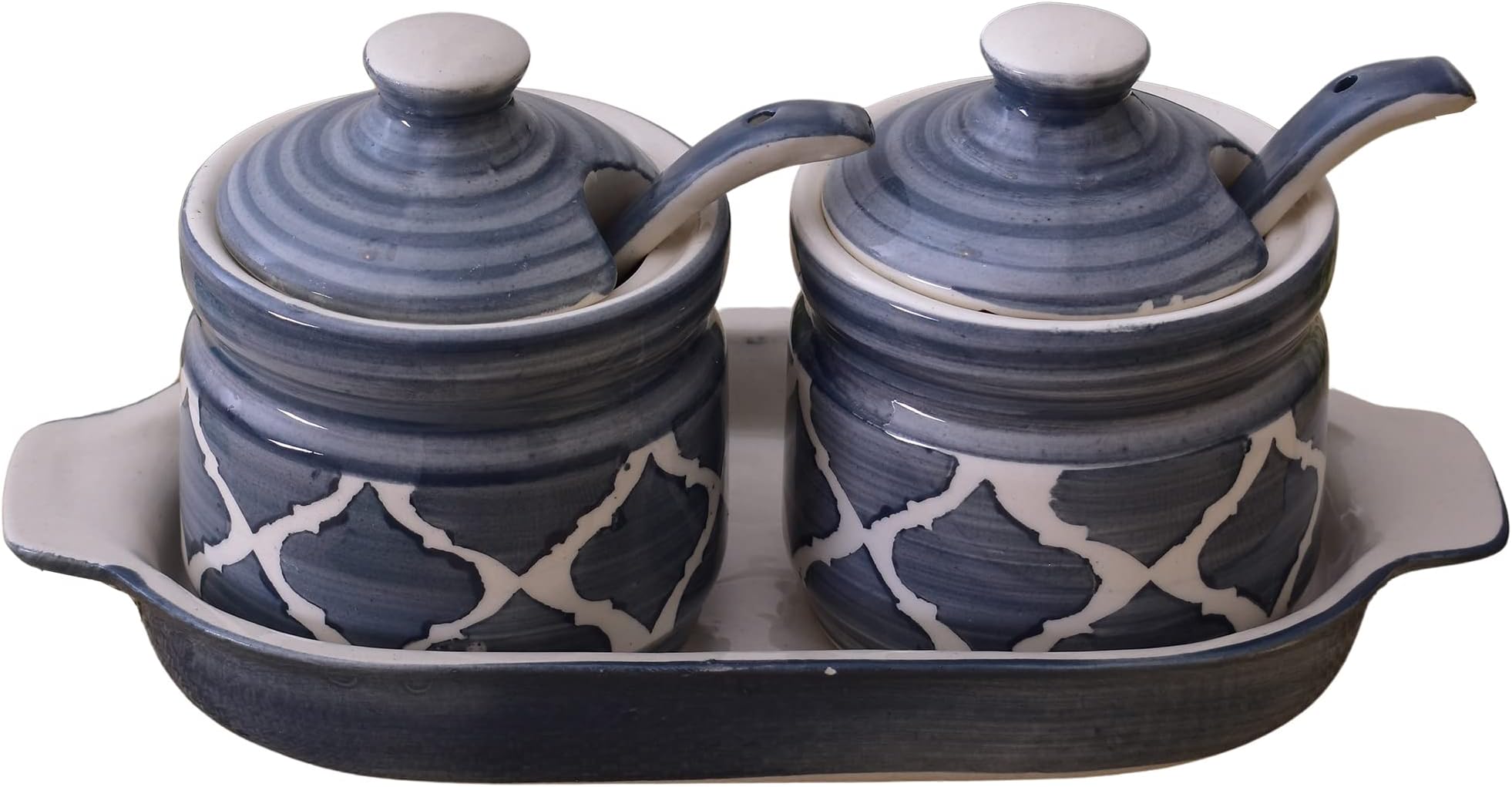 Kunhar Ceramic Pickle Jar Set, Grey (1 Tray, 2 Jar 200 ML And 2 Spoons)