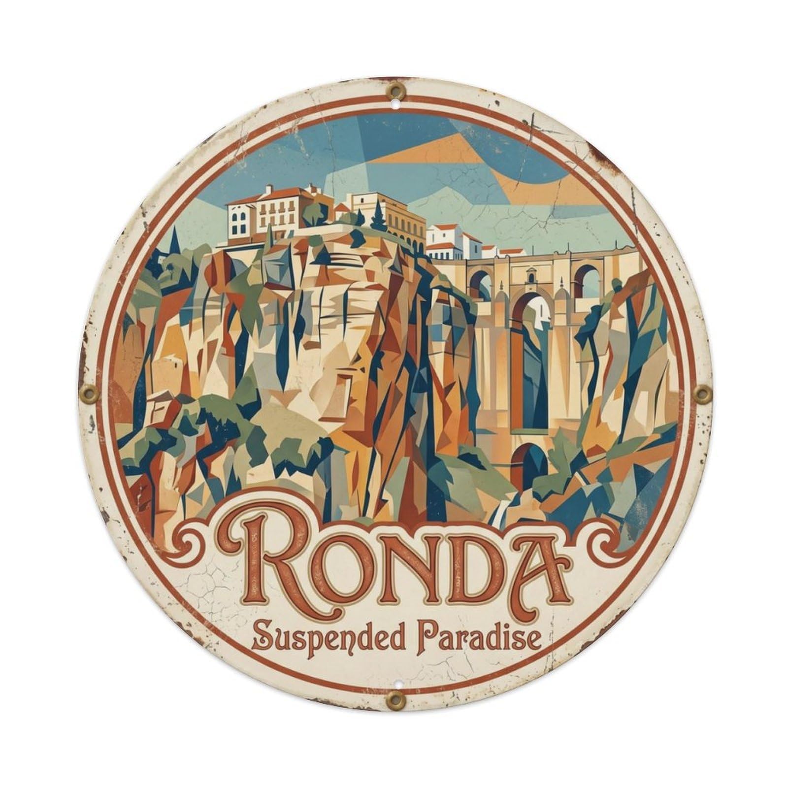 Fqcyn Style Vintage Travel Ronda Cliffside Village Metal Tin Sign Plaque Wall Decor For Cafe, Club Bar, Office, Home Garden Round Metal Poster 8X8inch