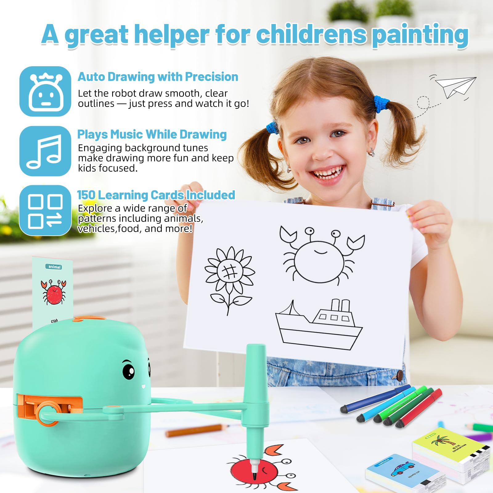 Drawing Robot for Kids with 150 Learning Cards & 17 Colorful Pens, Voice Interactive Educational Smart Art Painting Machine - Image 4
