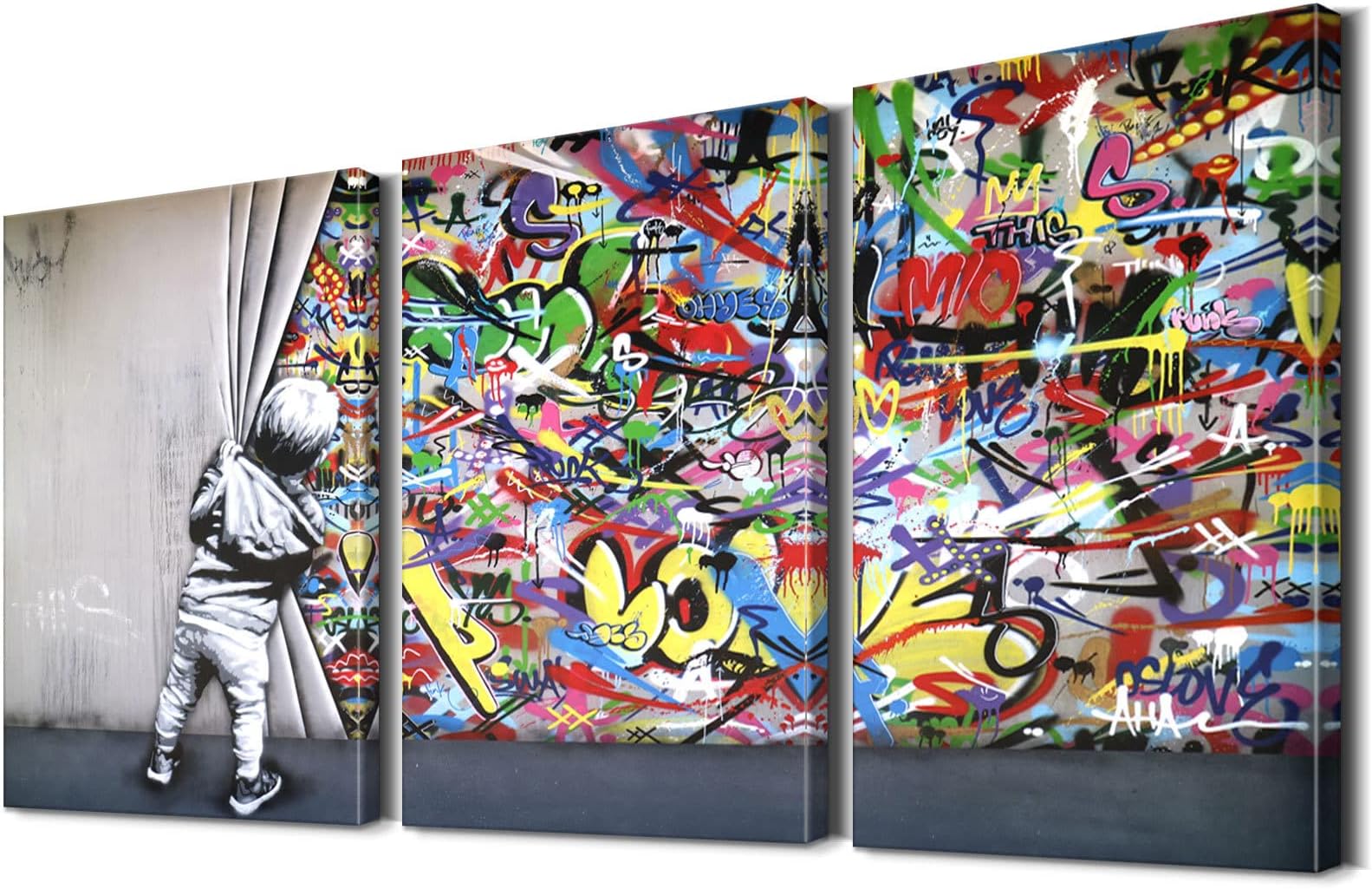 3 Pieces Graffiti Wall Art Colorful Wall Art Pop Art Wall Decor Behind the Curtain Colorful Canvas Wall Art Street Art Canvas Wall Art Colorful Graffiti Wall Art for Home Room Decor (12''Wx16''Hx3PCS)
