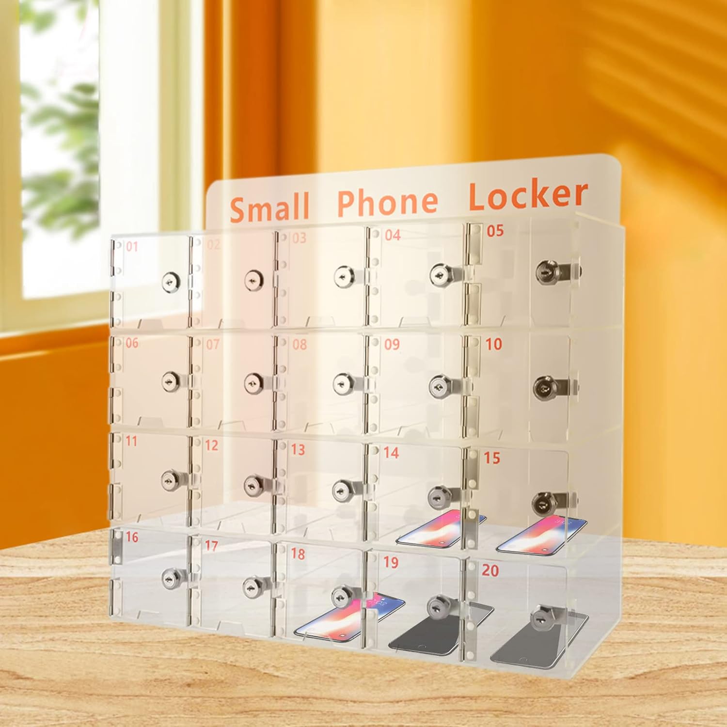 20 Slots Clear Acrylic Cell Phone Locker Box Storage Cabinet w/Keys Numbered Classroom Sundries Closet Locker Storage Small Locker for Cinemas Factories Gyms Hospitals (20 Slots)