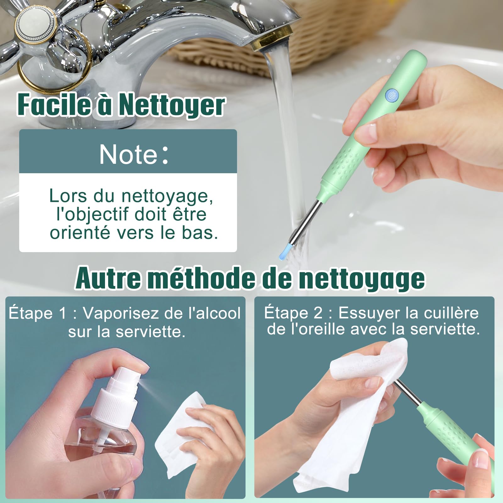 Otoscope Oreille 1920P Camera Oreille Nettoyage avec 6 Lumière et 7 Pièces Kit Nettoyage Oreille pour Smartphones iOS et Android, Accessoire Pratique pour une Hygiène Auriculaire(Vert)