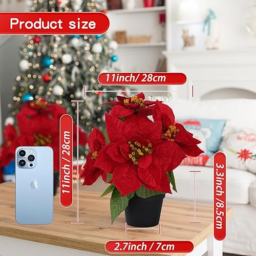 Miniatura 2 de Flores de Pascua artificiales, paquete de 2 plantas de Pascua artificiales rojas de Navidad pequeñas de 11 pulgadas, flores de invierno para