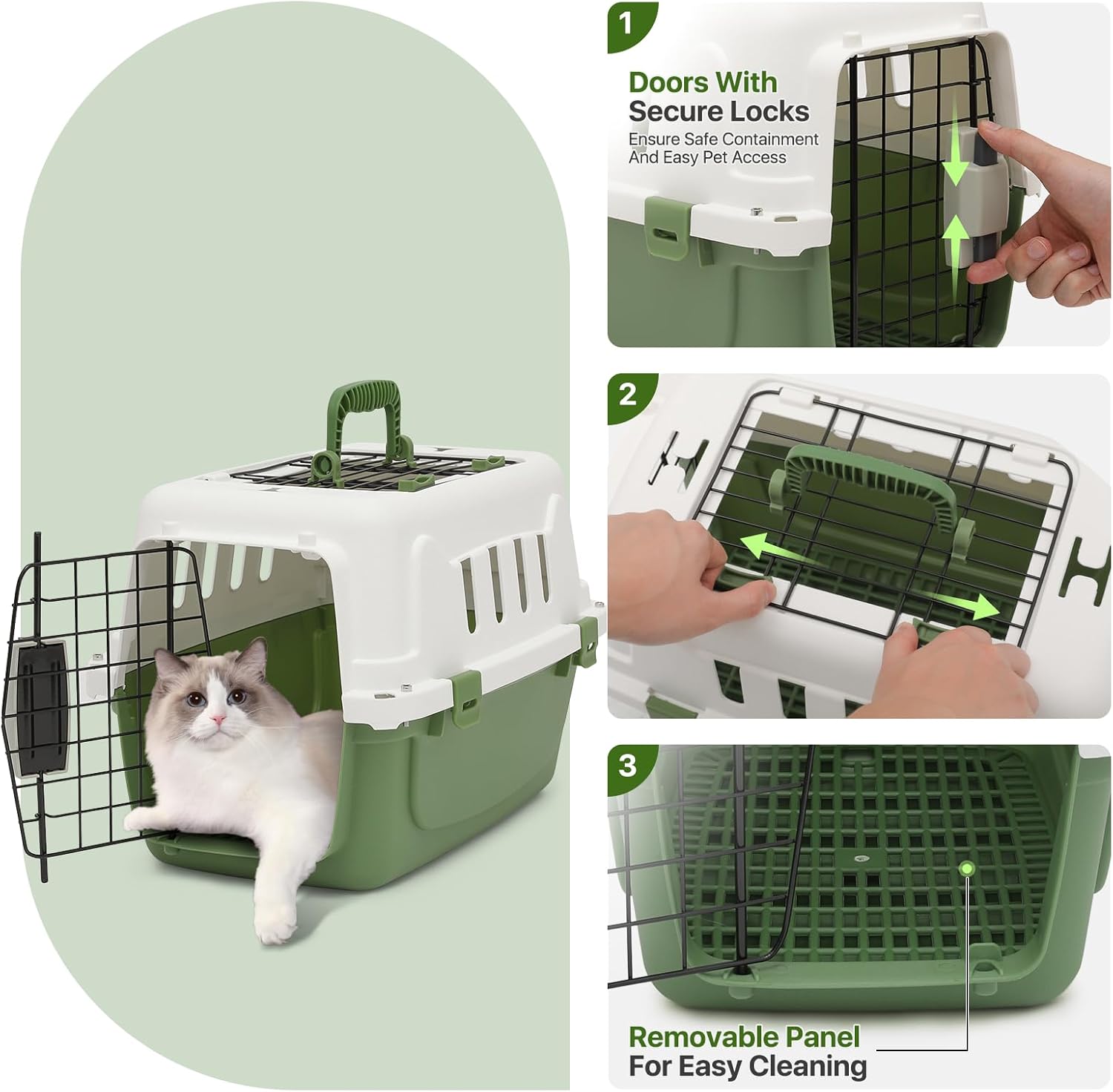 18 Inch Hard-Sided Plastic Dog Carrier 2 Door Travel Crate for Small Dogs Cats up to 10 lbs, Durable Handle, Security Lock Design, Green