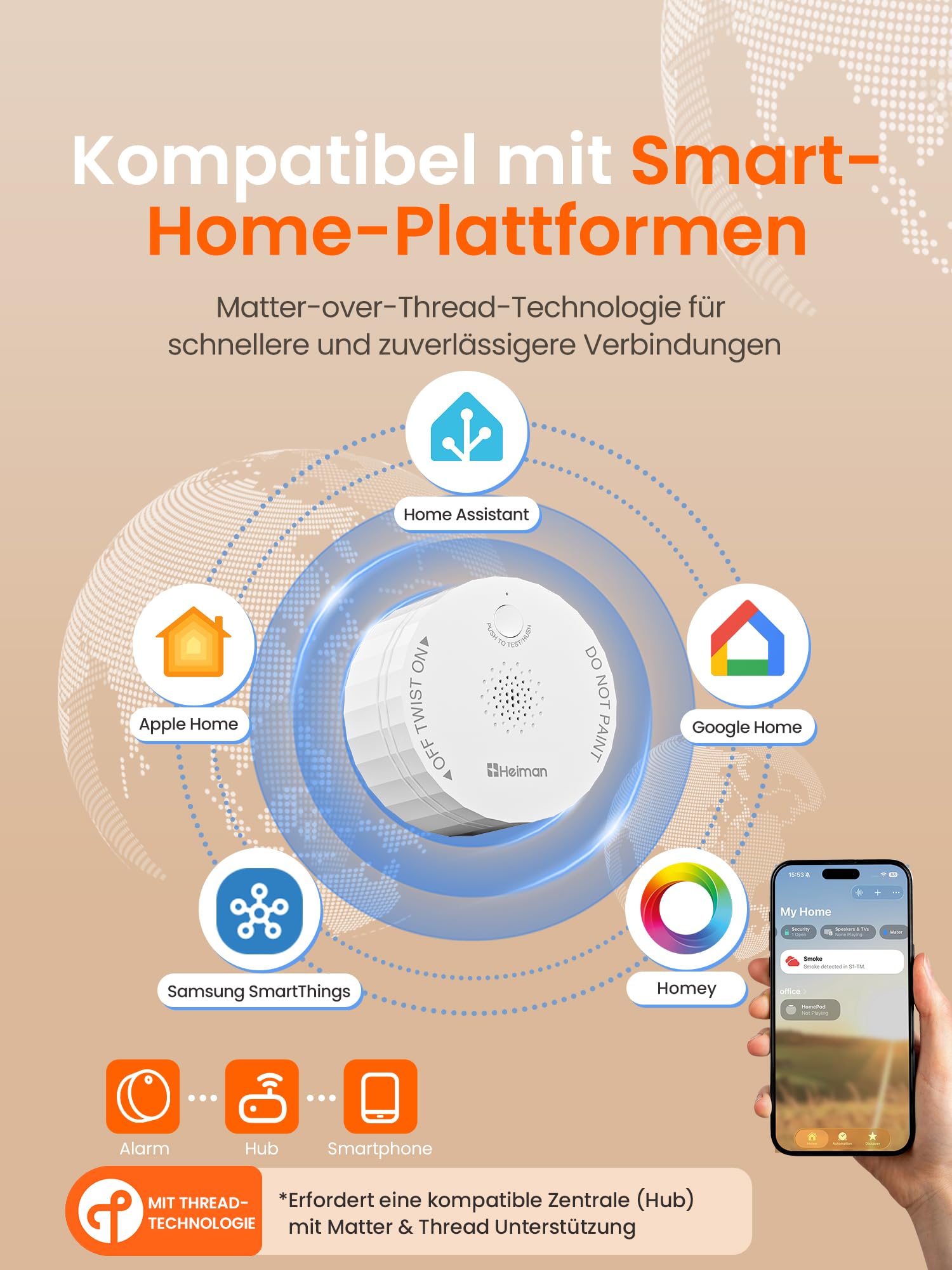 Heiman Rauchmelder Matter mit Temperatur und Feuchtigkeitssensor, S1-TM | austauschbare 5-Jahres-Batterie, Magnethalterung, kompatibel mit Apple HomeKit, SmartThings, Home Assistant und Homey